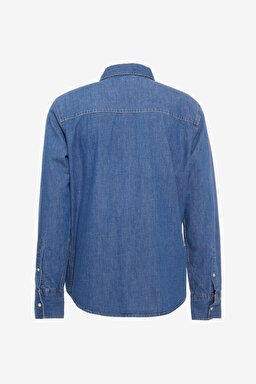 Regular Fit Normal Kesim %100 Pamuk Mavi Jean Kot Gömlek - Mid Blue-L241513XT (görsel 7)