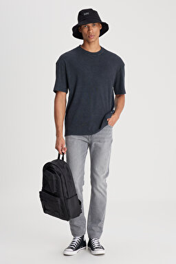 Loose Fit Rahat Kesim Bisiklet Yaka Antrasit Tişört - Anthracite-L241569003 (görsel 3)