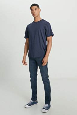 Regular Fit Normal Kesim Bisiklet Yaka %100 Pamuk Lacivert Tişört - Navy-L241570410 (görsel 4)