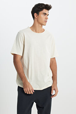 Regular Fit Normal Kesim Bisiklet Yaka %100 Pamuk Bej Tişört - Beige-L241570614 (görsel 4)