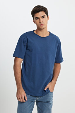 Regular Fit Normal Kesim Bisiklet Yaka %100 Pamuk Lacivert Tişört - İndigo-L241570TF