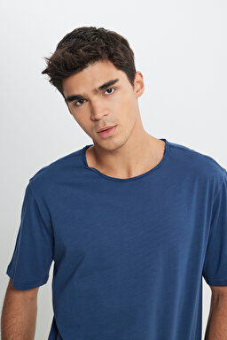 Regular Fit Normal Kesim Bisiklet Yaka %100 Pamuk Lacivert Tişört - İndigo-L241570TF (görsel 4)