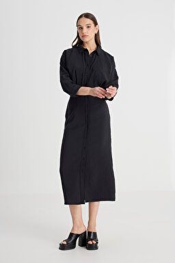 Loose Fit Rahat Kesim Siyah Gömlek Elbise - Black-L241612001