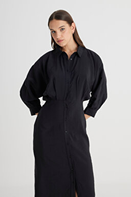 Loose Fit Rahat Kesim Siyah Gömlek Elbise - Black-L241612001 (görsel 2)