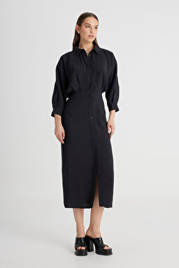 Loose Fit Rahat Kesim Siyah Gömlek Elbise - Black-L241612001 (görsel 4)