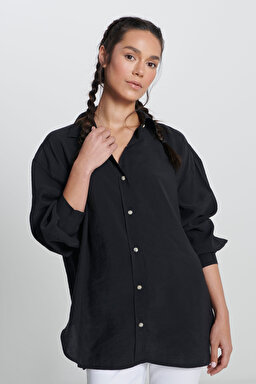 Loose Fit Rahat Kesim Siyah Gömlek - Black-L241614001 (görsel 2)