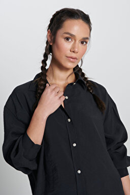 Loose Fit Rahat Kesim Siyah Gömlek - Black-L241614001 (görsel 4)