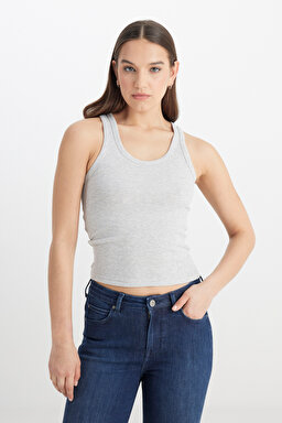 Slim Fit Dar Kesim Gri Tişört - Gray Melange-L241615036