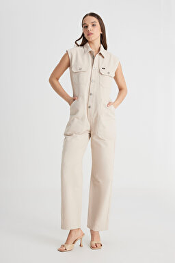Straight Fit Düz Kesim Gömlek Yaka Düz Paça %100 Pamuk Bej Tulum - Beige-L241621614