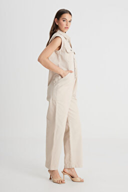 Straight Fit Düz Kesim Gömlek Yaka Düz Paça %100 Pamuk Bej Tulum - Beige-L241621614 (görsel 2)