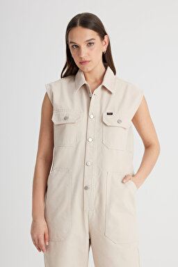 Straight Fit Düz Kesim Gömlek Yaka Düz Paça %100 Pamuk Bej Tulum - Beige-L241621614 (görsel 3)