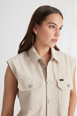 Straight Fit Düz Kesim Gömlek Yaka Düz Paça %100 Pamuk Bej Tulum - Beige-L241621614 (görsel 4)