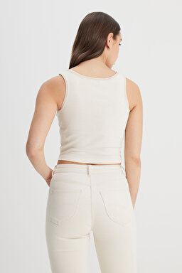 Slim Fit Dar Kesim Ekru Tişört - Ecru-L241624104 (görsel 5)