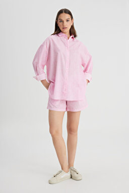 Relaxed Fit Geniş Kesim %100 Pamuk Pembe Gömlek - Pink-L241627611