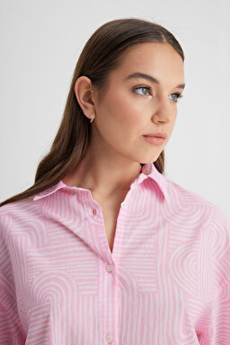 Relaxed Fit Geniş Kesim %100 Pamuk Pembe Gömlek - Pink-L241627611 (görsel 3)