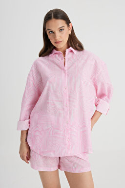 Relaxed Fit Geniş Kesim %100 Pamuk Pembe Gömlek - Pink-L241627611 (görsel 4)
