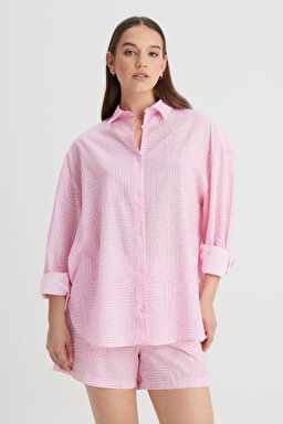 Relaxed Fit Geniş Kesim %100 Pamuk Pembe Gömlek - Pink-L241627611 (görsel 5)