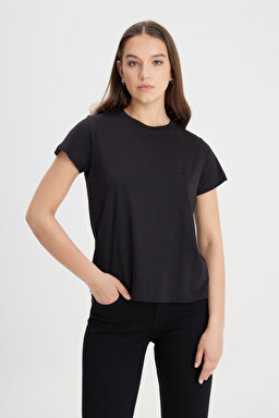 Regular Fit Normal Kesim Bisiklet Yaka Siyah Tişört - Black-L24164401 (görsel 5)