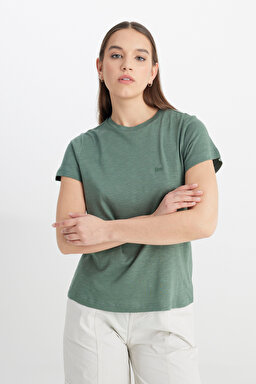 Regular Fit Normal Kesim Bisiklet Yaka Haki Tişört - Khaki-L241644801