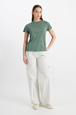 Regular Fit Normal Kesim Bisiklet Yaka Haki Tişört - Khaki-L241644801 (görsel 3)