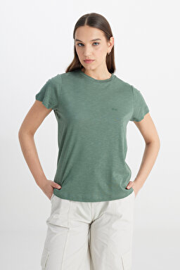 Regular Fit Normal Kesim Bisiklet Yaka Haki Tişört - Khaki-L241644801 (görsel 4)