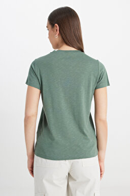 Regular Fit Normal Kesim Bisiklet Yaka Haki Tişört - Khaki-L241644801 (görsel 5)