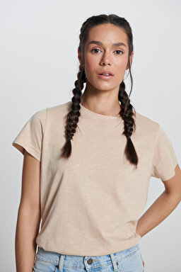 Regular Fit Normal Kesim Bisiklet Yaka Bej Tişört - Oxford Tan-L241644UQ (görsel 3)