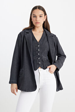 Oversize Bol Kesim %100 Pamuk Antrasit Jean Kot Ceket - Anthracite-L241652003
