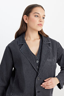 Oversize Bol Kesim %100 Pamuk Antrasit Jean Kot Ceket - Anthracite-L241652003 (görsel 4)