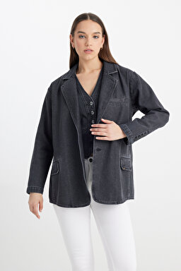 Oversize Bol Kesim %100 Pamuk Antrasit Jean Kot Ceket - Anthracite-L241652003 (görsel 6)