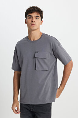 Loose Fit Rahat Kesim Bisiklet Yaka Siyah Tişört - Anthracite-L241669003