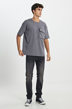 Loose Fit Rahat Kesim Bisiklet Yaka Siyah Tişört - Anthracite-L241669003 (görsel 2)