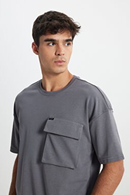 Loose Fit Rahat Kesim Bisiklet Yaka Siyah Tişört - Anthracite-L241669003 (görsel 3)