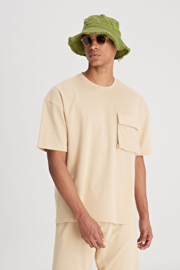 Loose Fit Rahat Kesim Bisiklet Yaka Bej Tişört - Beige-L241669614