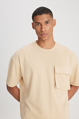 Loose Fit Rahat Kesim Bisiklet Yaka Bej Tişört - Beige-L241669614 (görsel 5)