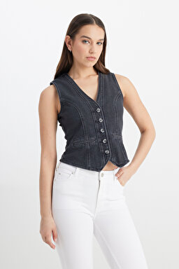 Regular Fit Normal Kesim V Yaka %100 Pamuk Antrasit Jean Kot Yelek - Anthracite-L241740003