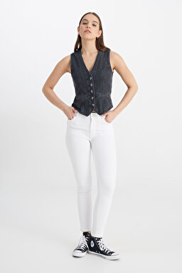Regular Fit Normal Kesim V Yaka %100 Pamuk Antrasit Jean Kot Yelek - Anthracite-L241740003 (görsel 3)