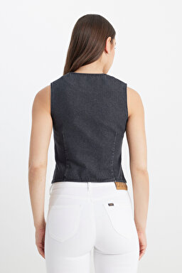 Regular Fit Normal Kesim V Yaka %100 Pamuk Antrasit Jean Kot Yelek - Anthracite-L241740003 (görsel 5)