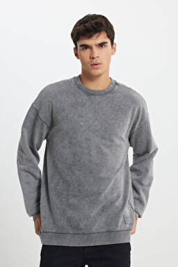 Loose Fit Rahat Kesim Bisiklet Yaka %100 Pamuk Antrasit Sweatshirt - Anthracite-L241744003 (görsel 2)