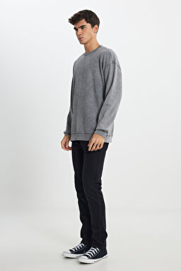 Loose Fit Rahat Kesim Bisiklet Yaka %100 Pamuk Antrasit Sweatshirt - Anthracite-L241744003 (görsel 3)