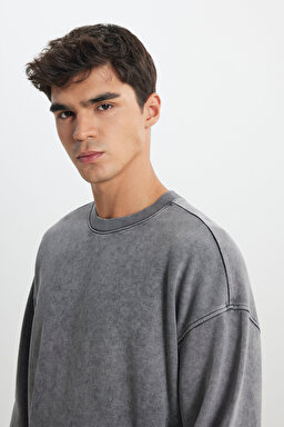 Loose Fit Rahat Kesim Bisiklet Yaka %100 Pamuk Antrasit Sweatshirt - Anthracite-L241744003 (görsel 7)