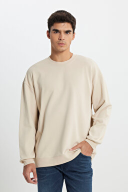 Loose Fit Rahat Kesim Bisiklet Yaka %100 Pamuk Bej Sweatshirt - Beige-L241744614 (görsel 3)