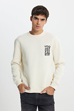 Regular Fit Normal Kesim Bisiklet Yaka İçi Polarlı Ekru Sweatshirt - Ecru-L242166104