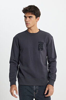 Regular Fit Normal Kesim Bisiklet Yaka İçi Polarlı Antrasit Sweatshirt - Faded Black-L24216633W