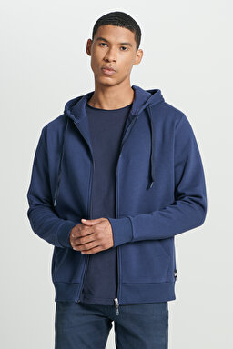 Regular Fit Normal Kesim Kapüşonlu İçi Polarlı Lacivert Sweatshirt Ceket - Navy-L242331410