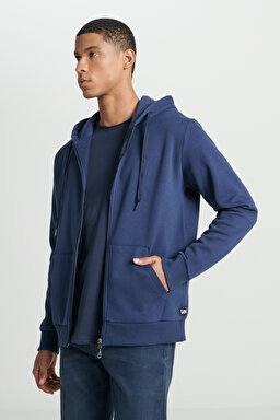 Regular Fit Normal Kesim Kapüşonlu İçi Polarlı Lacivert Sweatshirt Ceket - Navy-L242331410 (görsel 2)