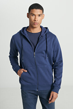 Regular Fit Normal Kesim Kapüşonlu İçi Polarlı Lacivert Sweatshirt Ceket - Navy-L242331410 (görsel 3)