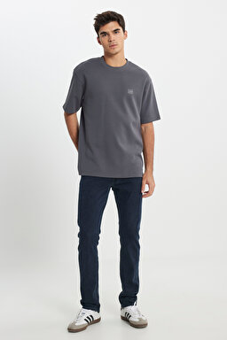 Relaxed Fit Geniş Kesim Bisiklet Yaka Antrasit Tişört - Anthracite-L242423003 (görsel 3)