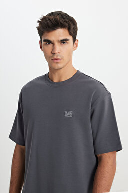 Relaxed Fit Geniş Kesim Bisiklet Yaka Antrasit Tişört - Anthracite-L242423003 (görsel 4)