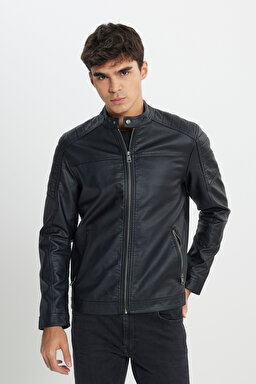Regular Fit Normal Kesim Fermuarlı Siyah Ceket - Black-L242469001 (görsel 2)